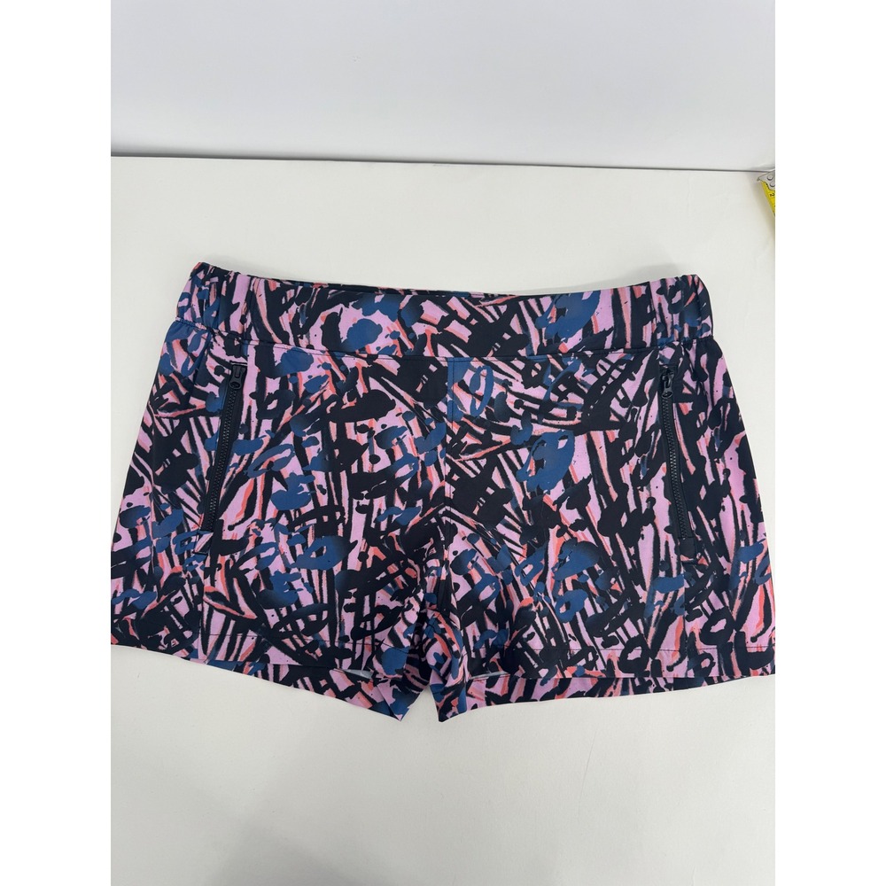 Reel Legends Womens‎ Sz PM Abstract Print Athletic Shorts Pink Black Zip Pockets